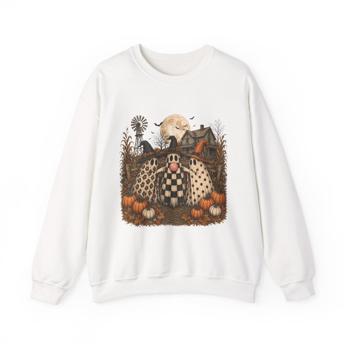 Halloween Pumpkin Patch Crewneck Sweatshirt — Vintage Scarecrow Moon Graphic
