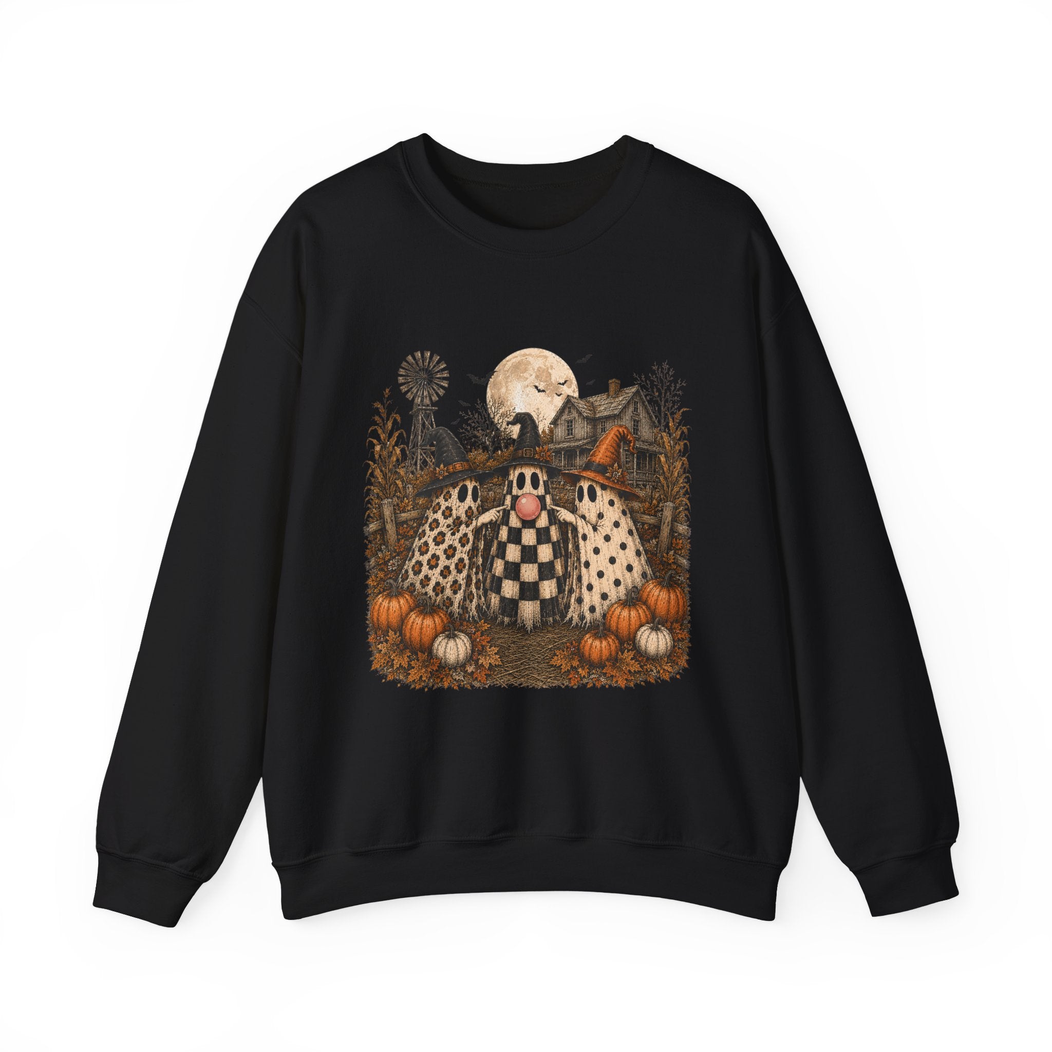 Halloween Pumpkin Patch Crewneck Sweatshirt — Vintage Scarecrow Moon Graphic