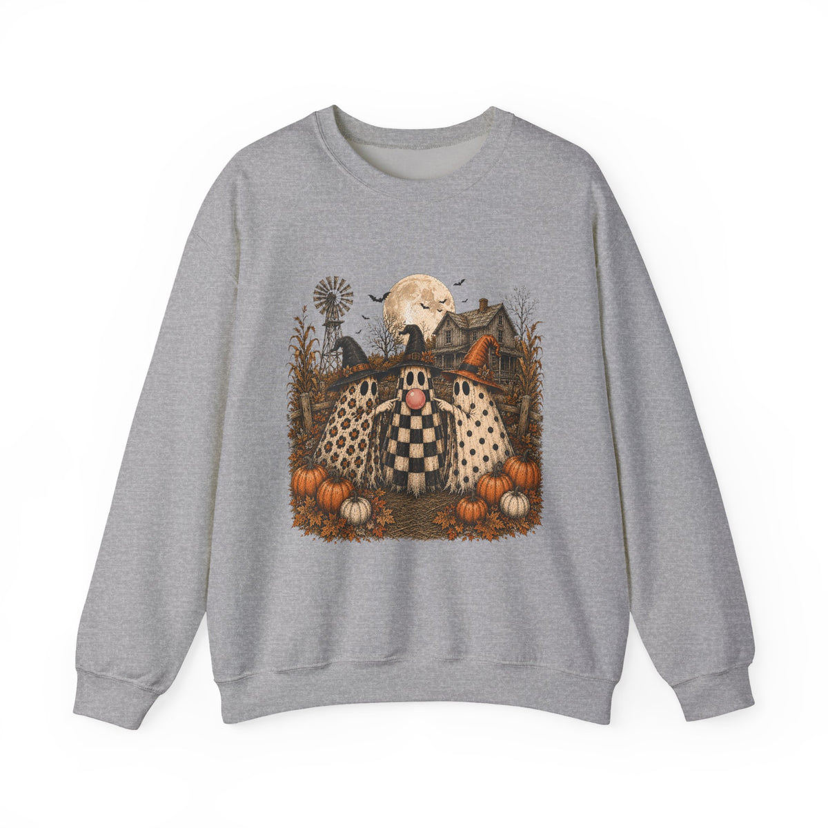 Halloween Pumpkin Patch Crewneck Sweatshirt — Vintage Scarecrow Moon Graphic
