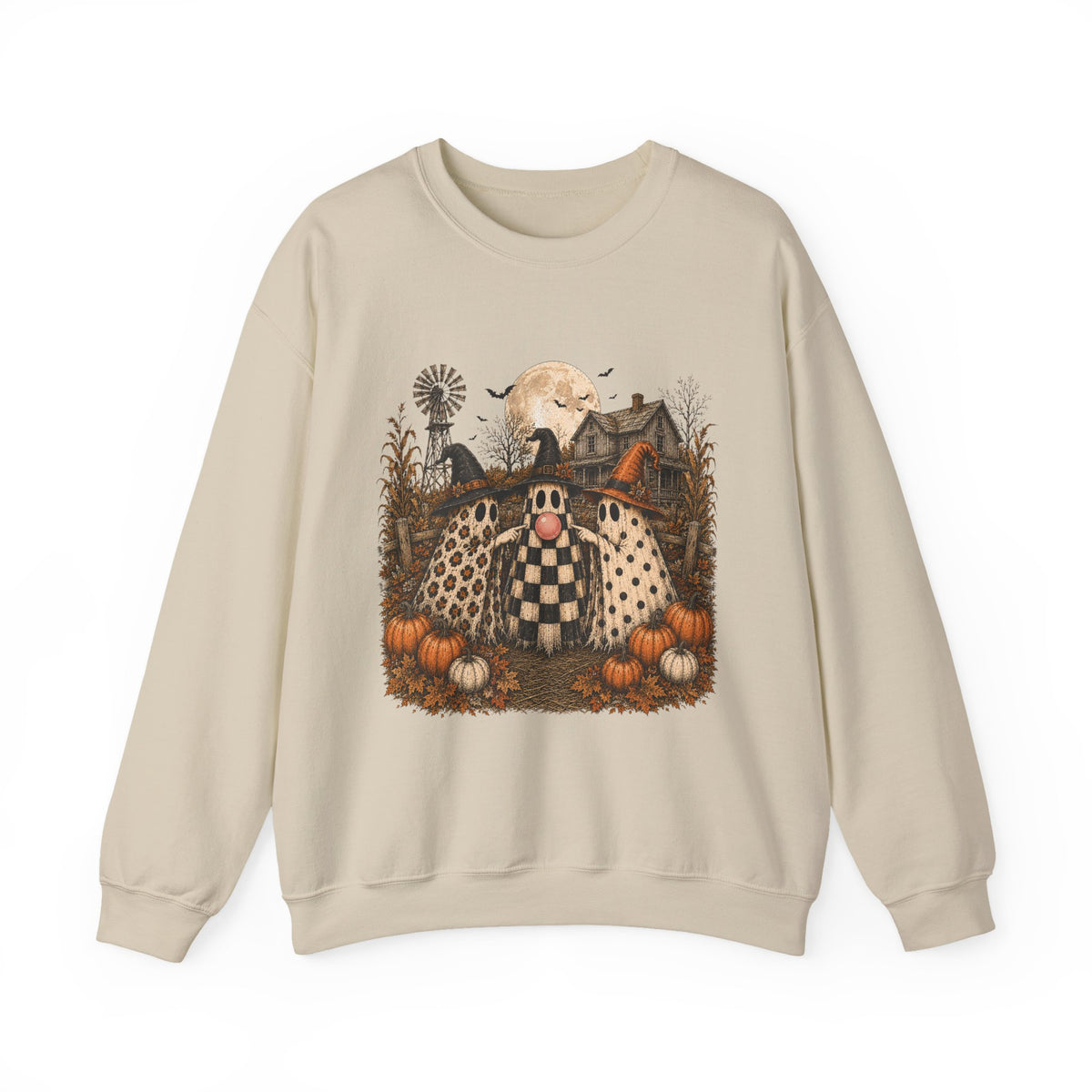 Halloween Pumpkin Patch Crewneck Sweatshirt — Vintage Scarecrow Moon Graphic